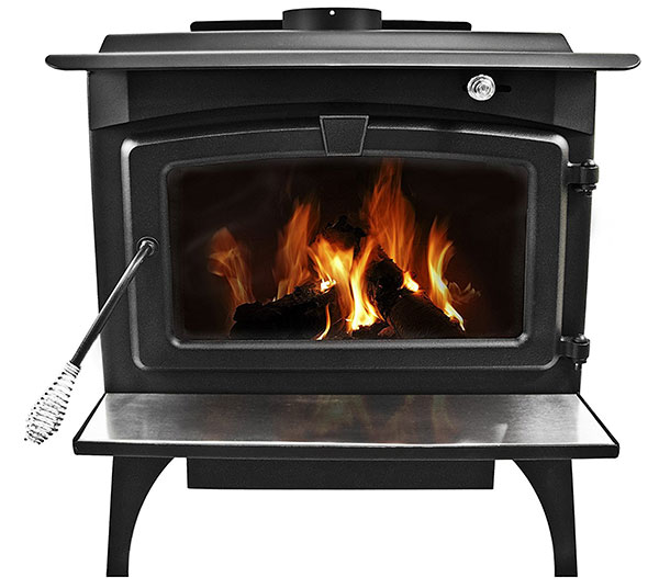 Wood burning stove with logs flaming inside