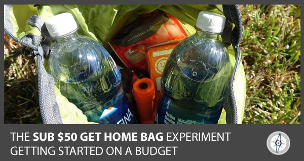 Bug out bag with water bottles, lighter, and fire starter