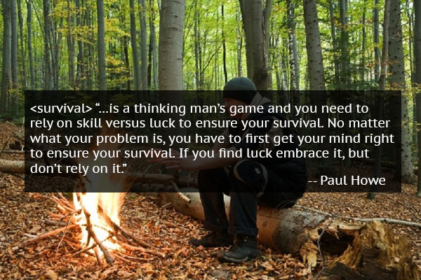 Man sitting on log by a fire with quote from Paul Howe