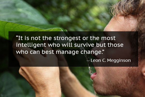 Man drinking water from a leaf with mindset quote from Leon Megginson