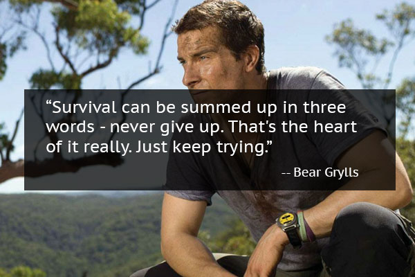 Man covered in sweat and dirt with mindset quote from Bear Grylls