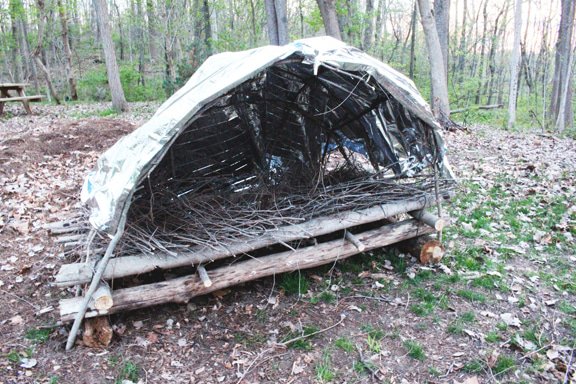 Emergency shelter in the woods using a mylar blanket, logs, and sticks