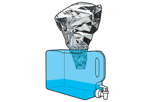 Water gathering diagram with aluminum foil funnel and water container