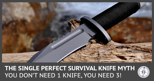 a survival knife with a black handle laying on a log with a stream in the background
