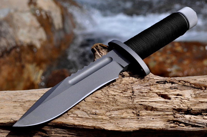 Survival knife laying on a log