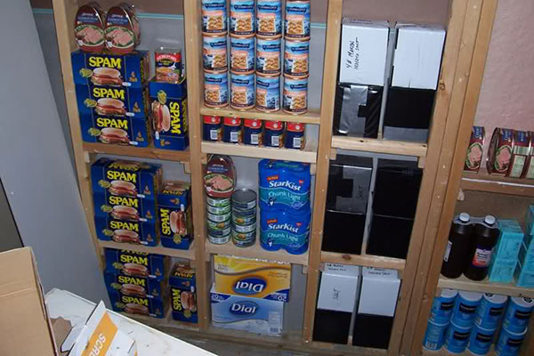 Stud shelves with canned food