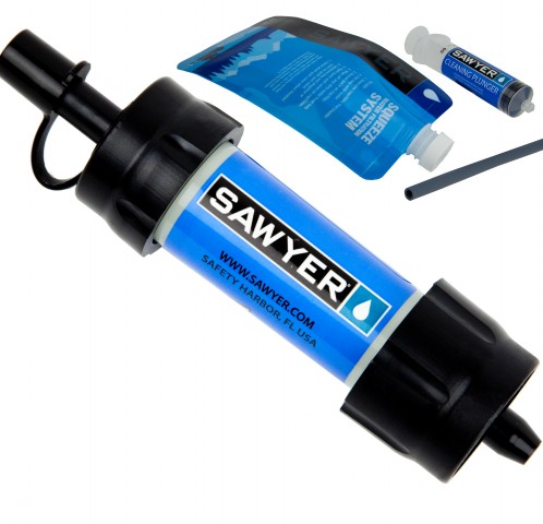 Sawyer mini blue water filter with cleaning supplies