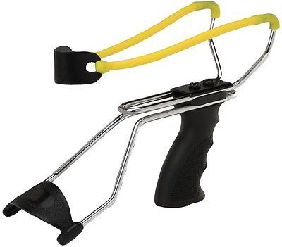 Wham-O Wrist Rocket slingshot with black handle and yellow bands