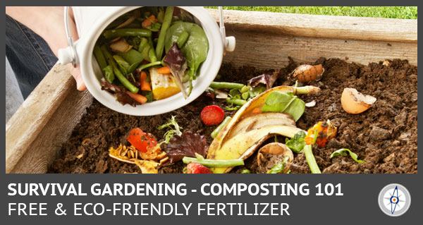 bucket dumping old food waste into a garden bed of dirt for composting