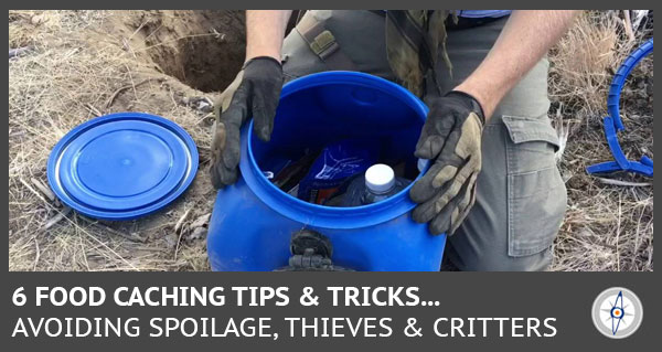 man storing food in a plastic bucket to bury in the ground