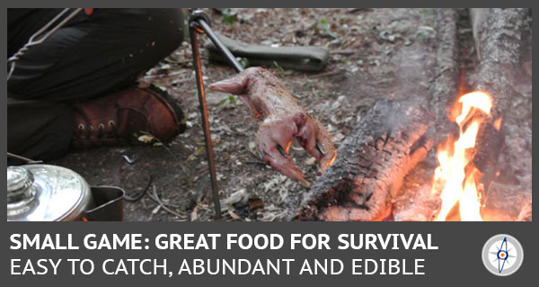 man cooking a squirrel over a camp fire in the woods