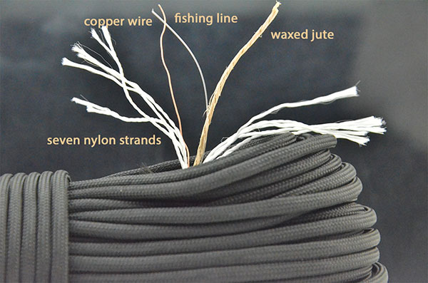 Black paracord strands labeled as copper wire, fishing line, waxed jute, and seven nylon strands