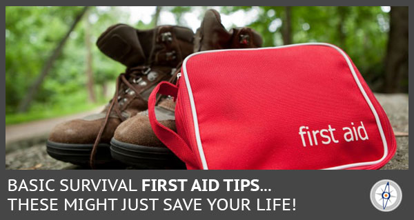 Red first aid bag and some boots in the woods