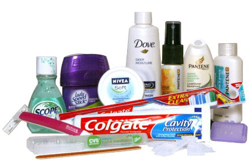 Moisturizer, razor, deodorant, toothbrush, toothpaste, mouthwash, and lotion
