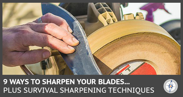 hands sharpening a knife blade on a grinding drum
