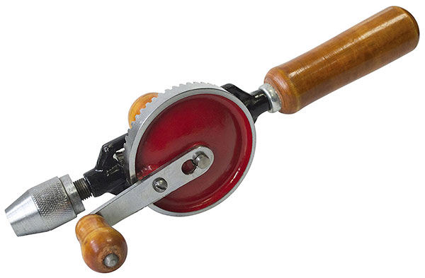 side view of a hand drill with wood handle