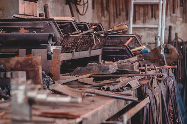 Tool garage with tools on a work table