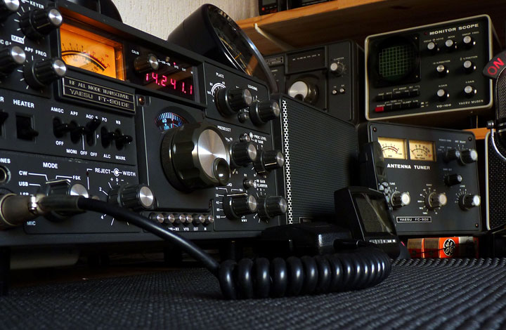 Ham radio setup on a bench