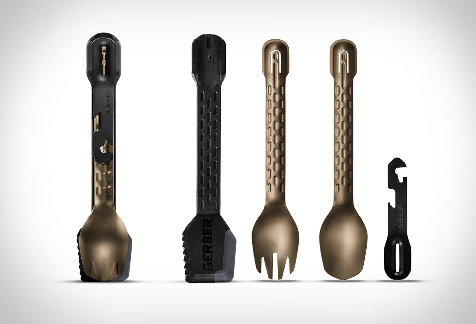 The Gerber Compleat tool with a fork, spoon, spatula, and four function multitool