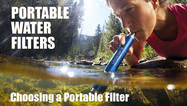 Woman drinking from a river with a portable LifeStraw water filter