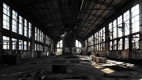 view from inside an abandon warehouse or train station